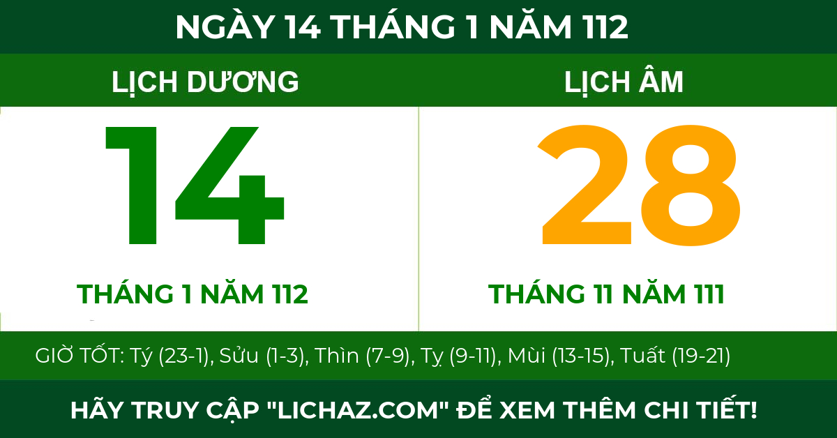 lịch âm ngày 14 tháng 1 năm 112