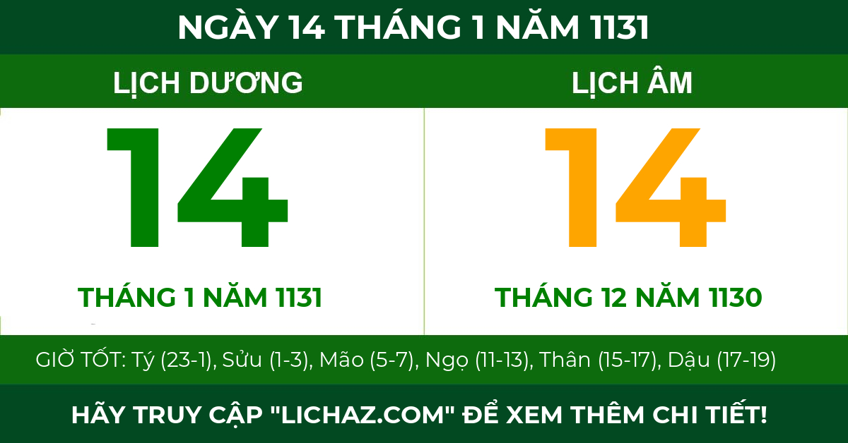 lịch âm ngày 14 tháng 1 năm 1131