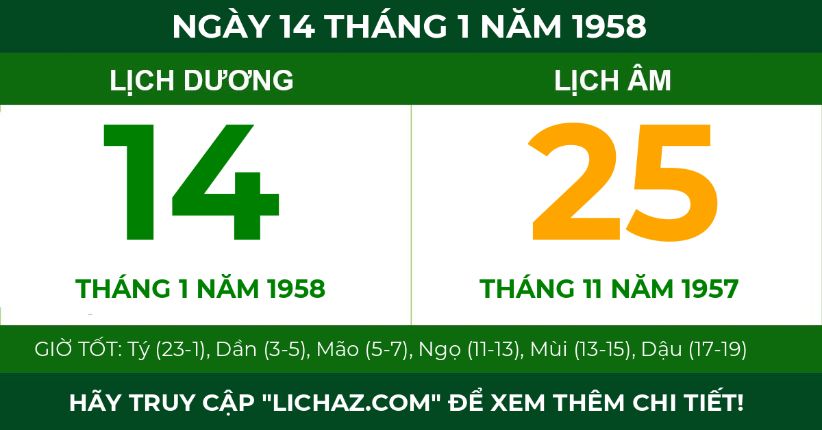 lịch âm ngày 14 tháng 1 năm 1958