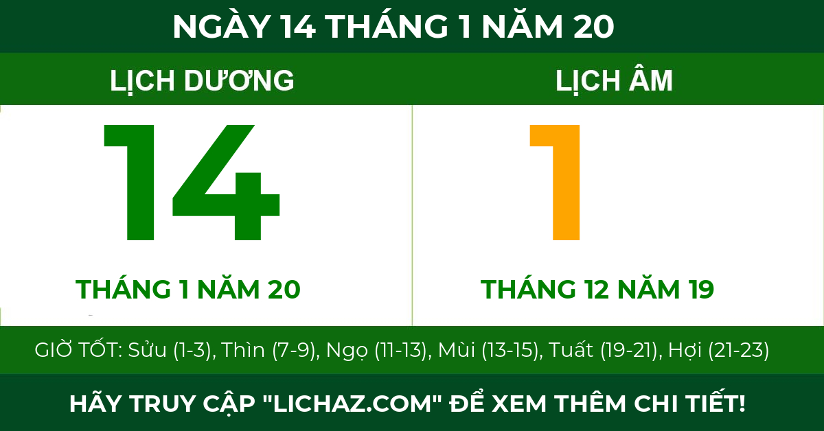 lịch âm ngày 14 tháng 1 năm 20