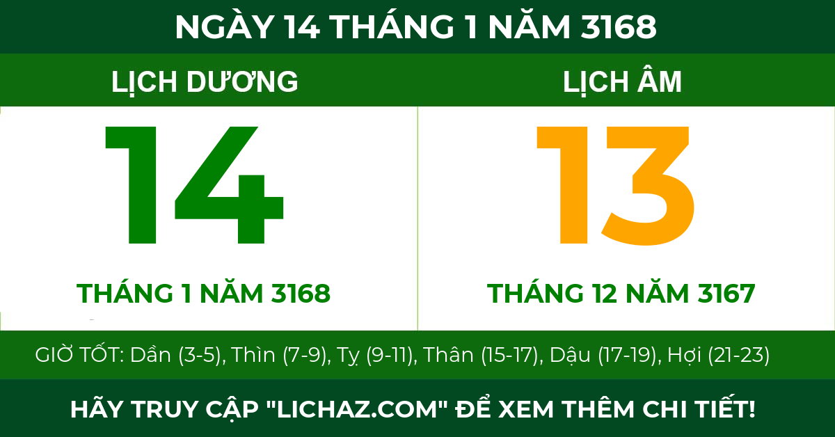 lịch âm ngày 14 tháng 1 năm 3168