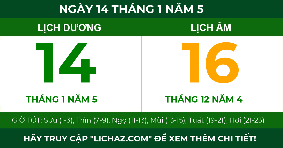 lịch âm ngày 14 tháng 1 năm 5