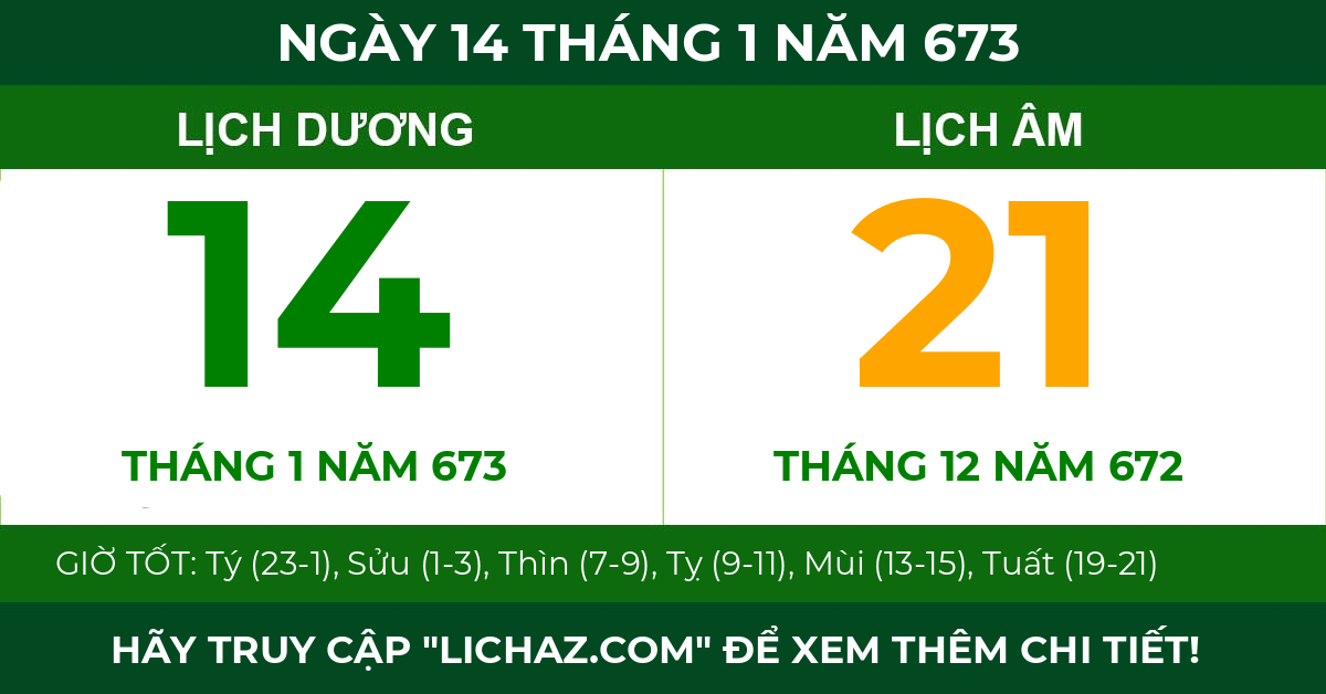 lịch âm ngày 14 tháng 1 năm 673