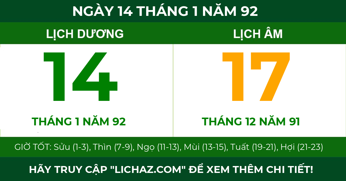 lịch âm ngày 14 tháng 1 năm 92