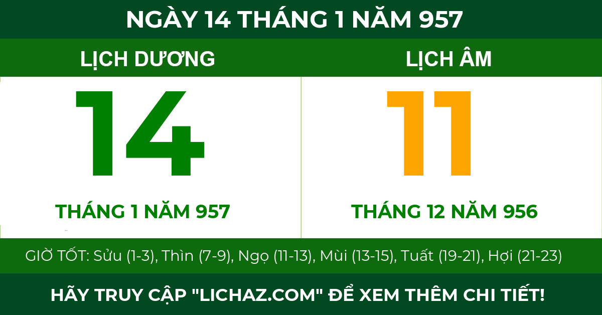 lịch âm ngày 14 tháng 1 năm 957