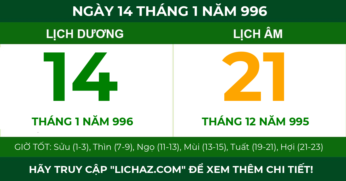 lịch âm ngày 14 tháng 1 năm 996