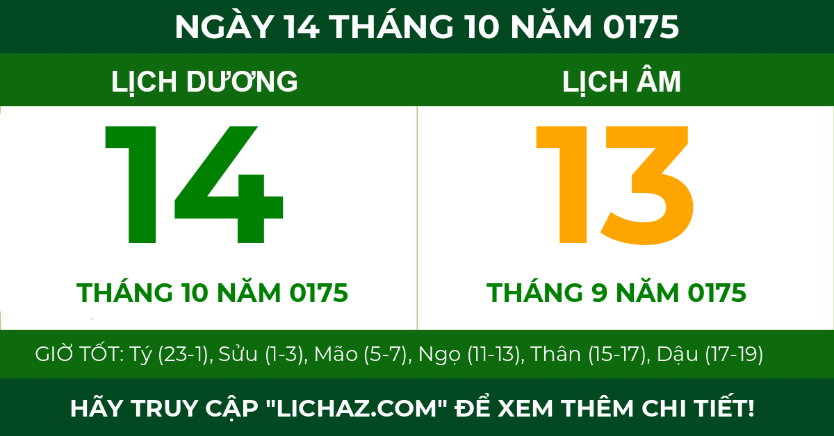 lịch âm ngày 14 tháng 10 năm 0175