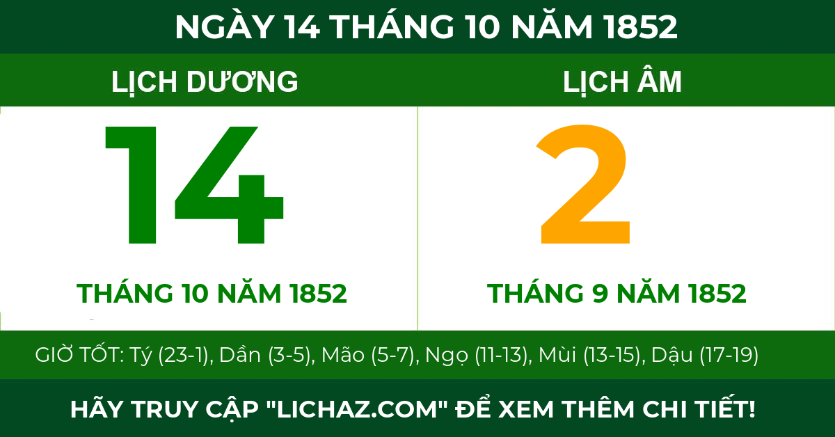 lịch âm ngày 14 tháng 10 năm 1852