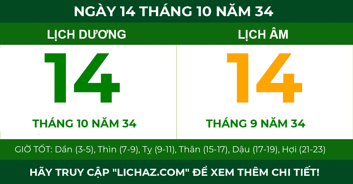 lịch âm ngày 14 tháng 10 năm 34