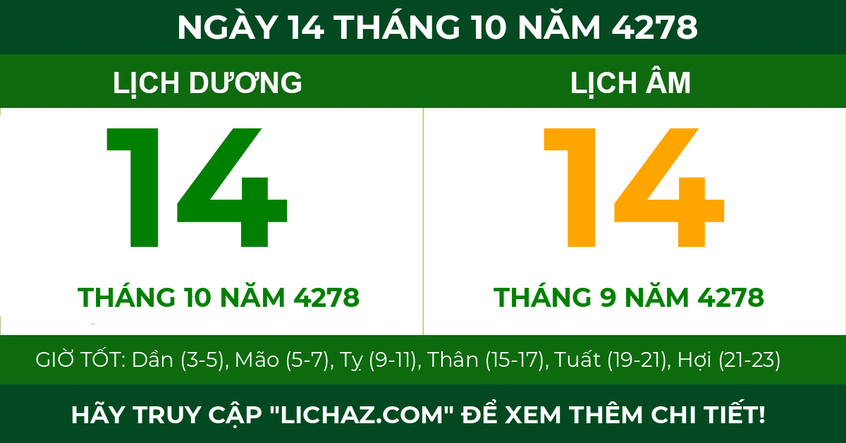 lịch âm ngày 14 tháng 10 năm 4278