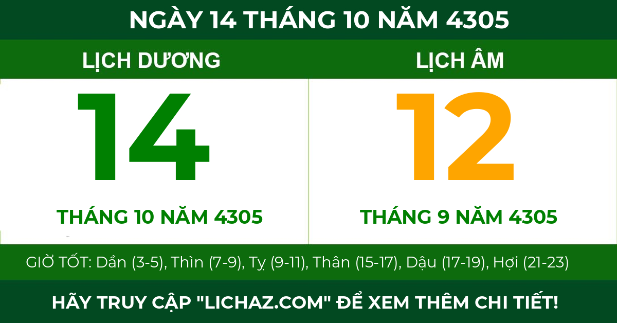 lịch âm ngày 14 tháng 10 năm 4305