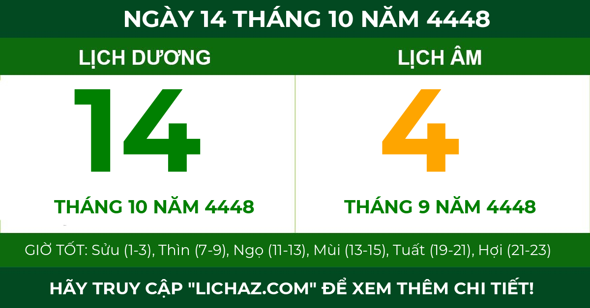 lịch âm ngày 14 tháng 10 năm 4448