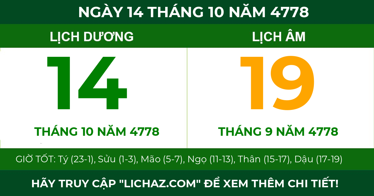 lịch âm ngày 14 tháng 10 năm 4778