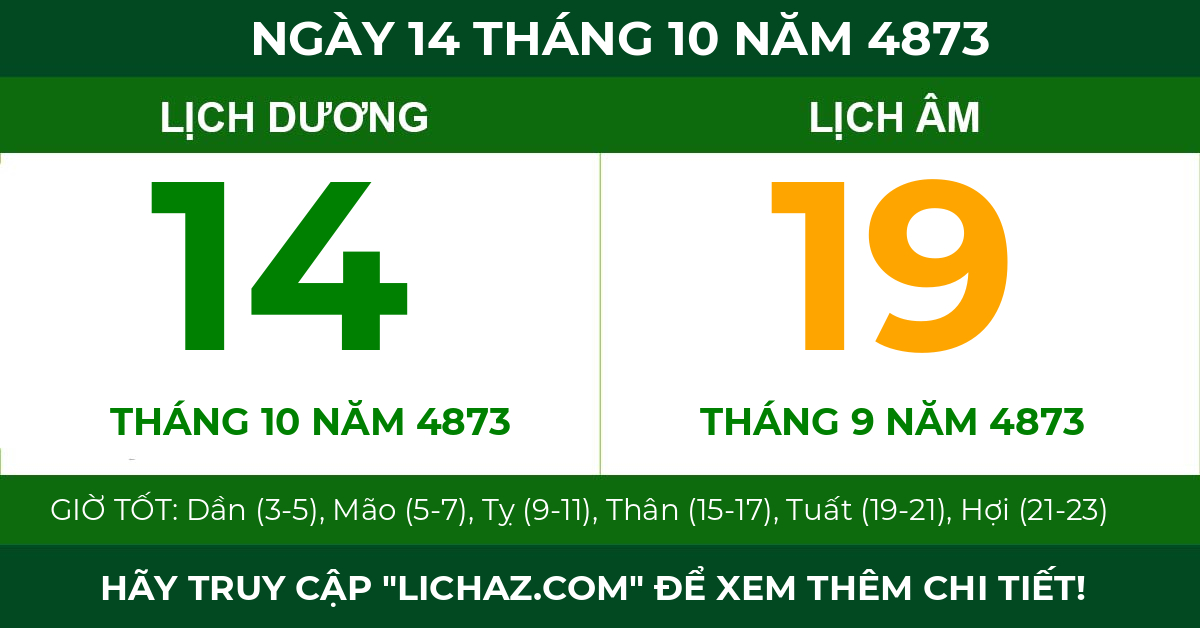 lịch âm ngày 14 tháng 10 năm 4873