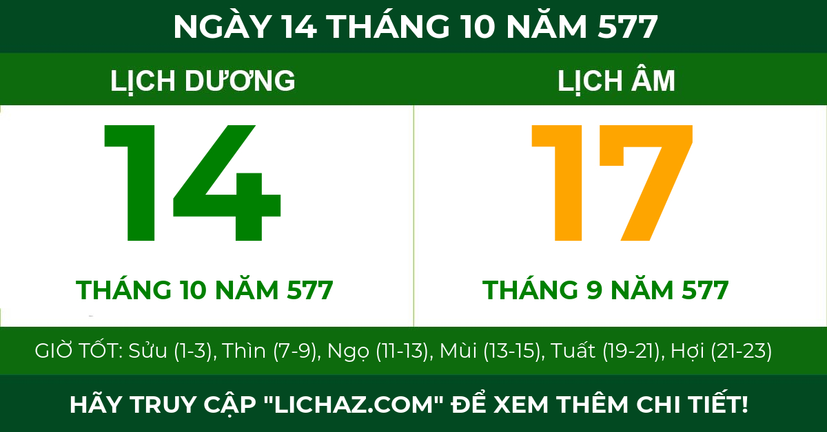 lịch âm ngày 14 tháng 10 năm 577