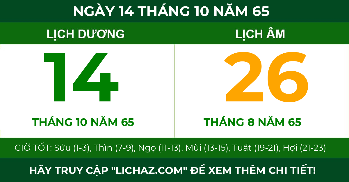 lịch âm ngày 14 tháng 10 năm 65