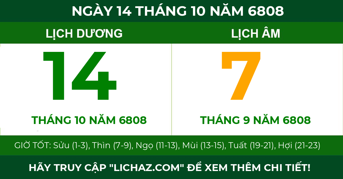 lịch âm ngày 14 tháng 10 năm 6808