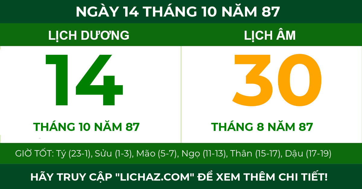 lịch âm ngày 14 tháng 10 năm 87
