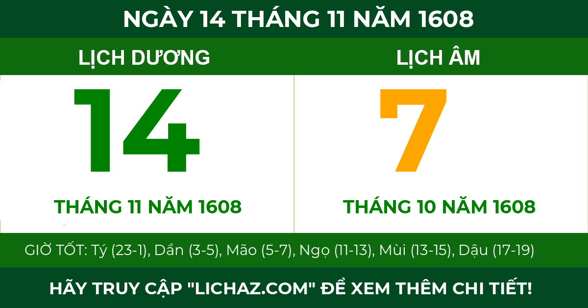 lịch âm ngày 14 tháng 11 năm 1608