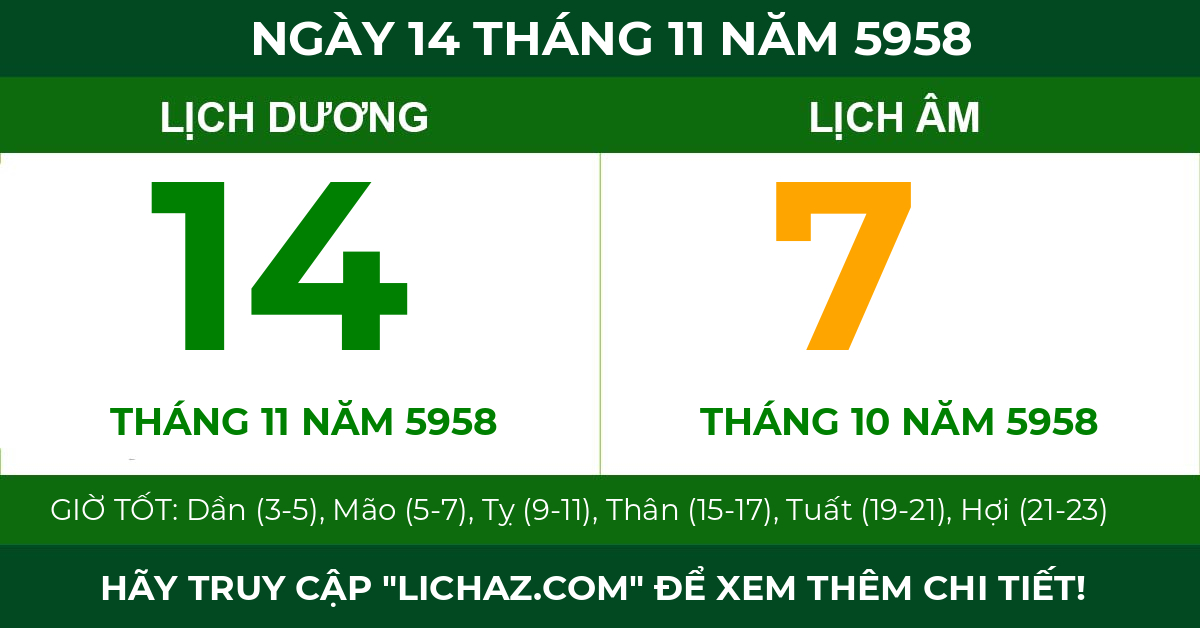 lịch âm ngày 14 tháng 11 năm 5958