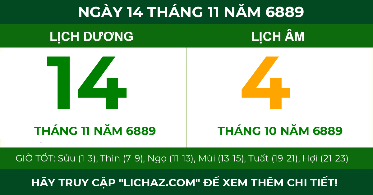 lịch âm ngày 14 tháng 11 năm 6889
