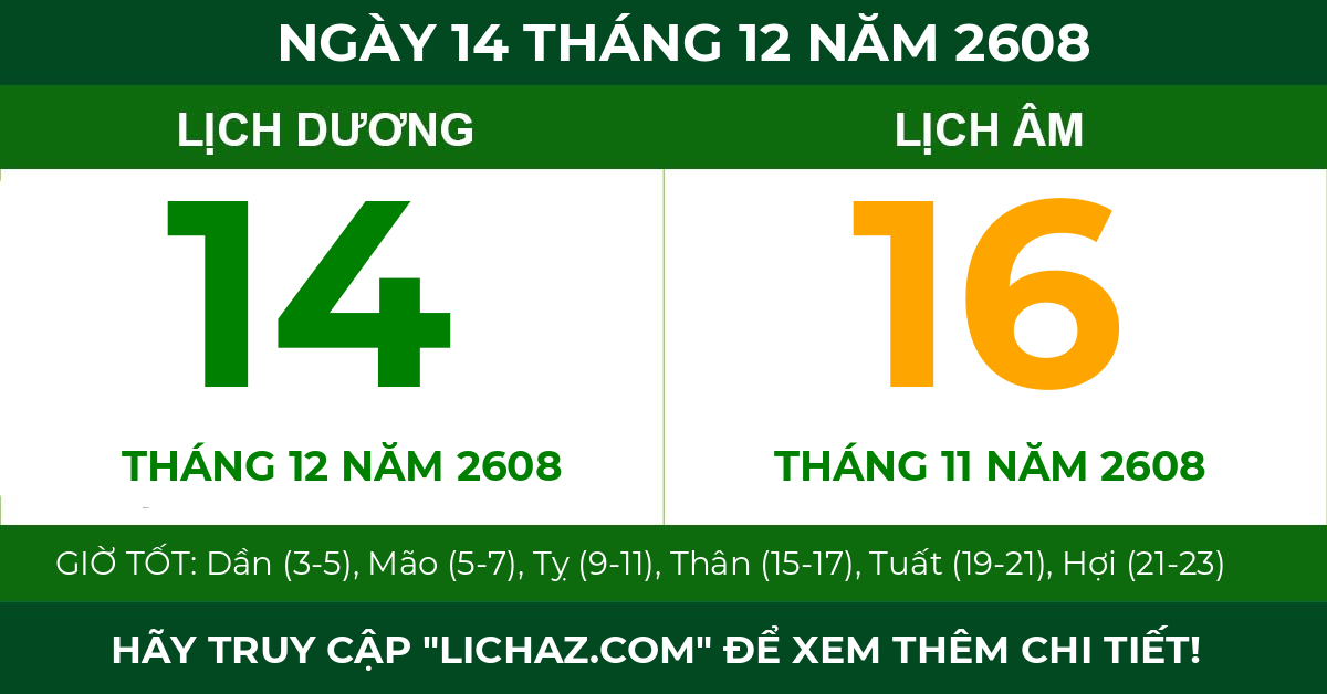 lịch âm ngày 14 tháng 12 năm 2608