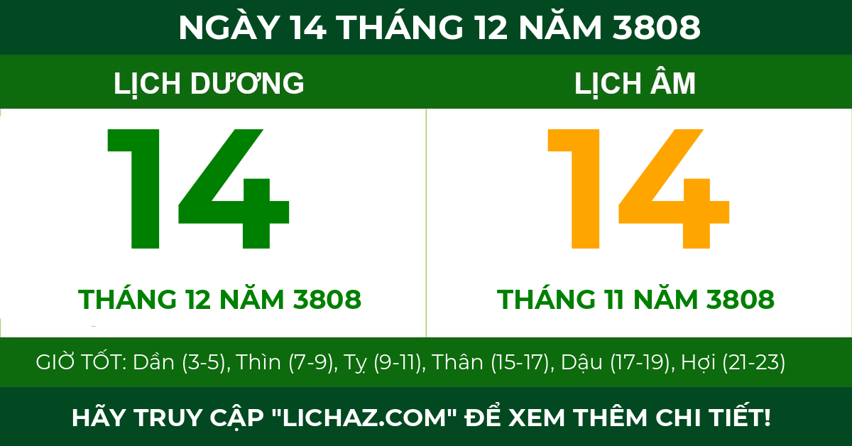 lịch âm ngày 14 tháng 12 năm 3808