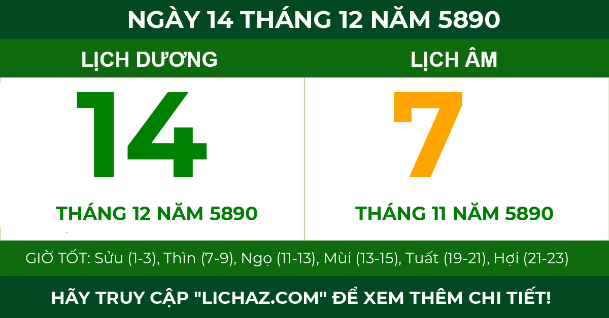 lịch âm ngày 14 tháng 12 năm 5890