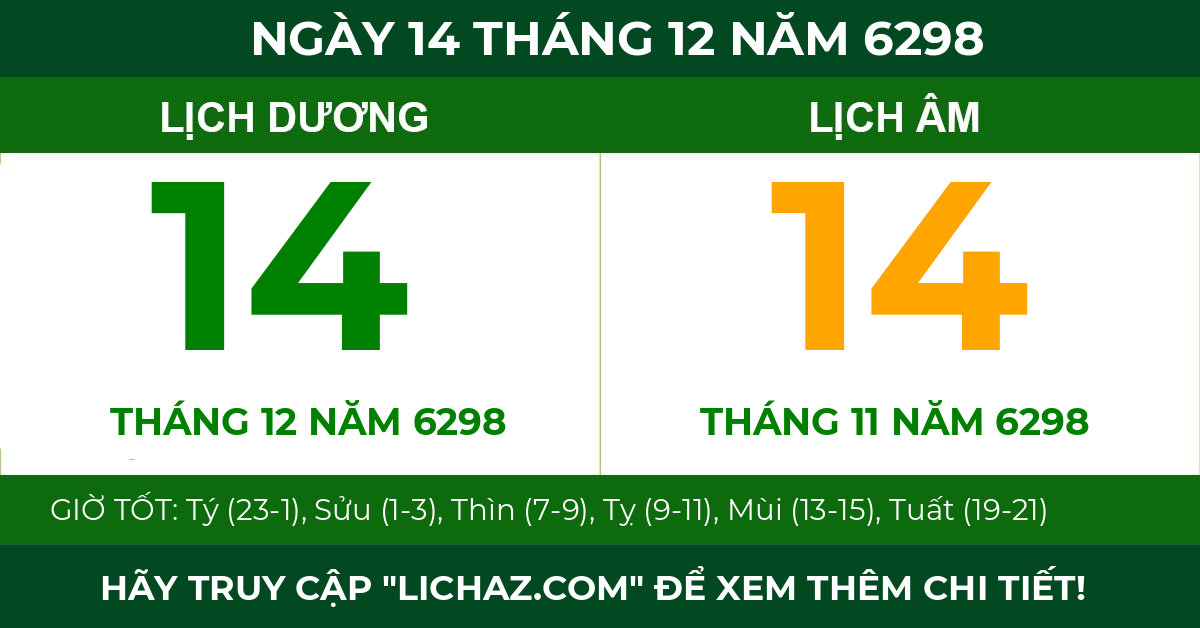 lịch âm ngày 14 tháng 12 năm 6298
