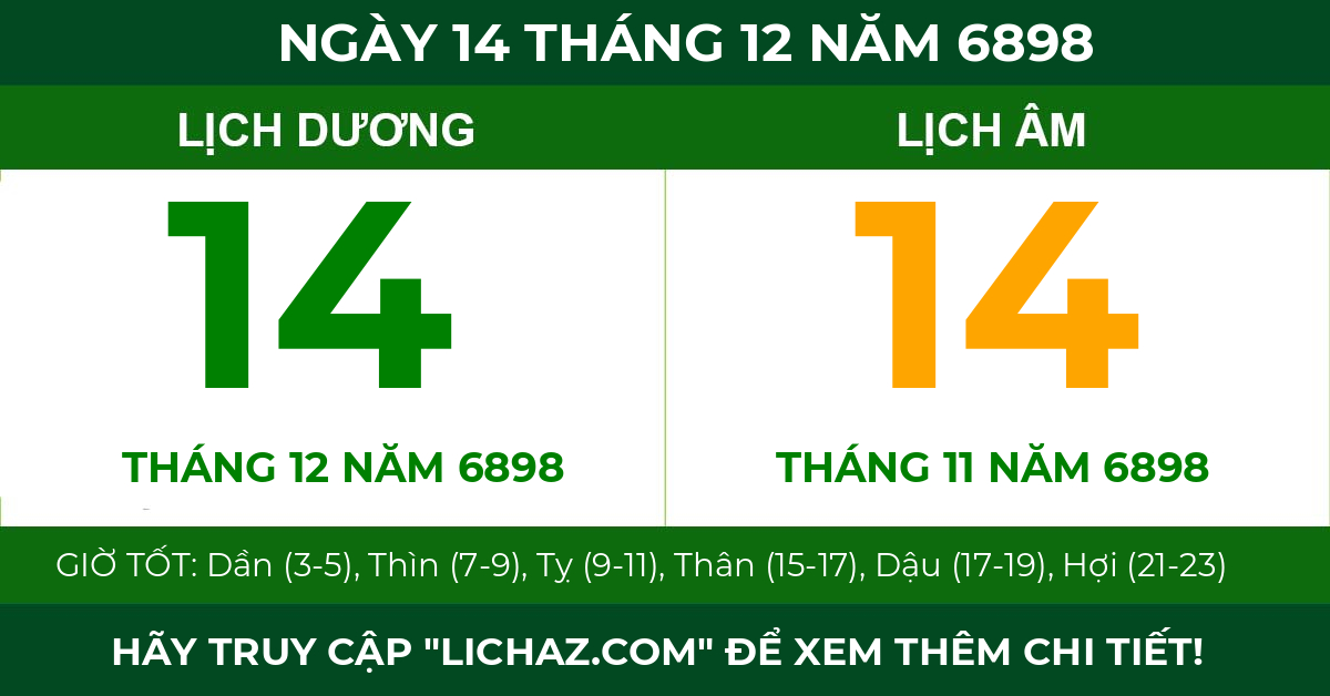 lịch âm ngày 14 tháng 12 năm 6898