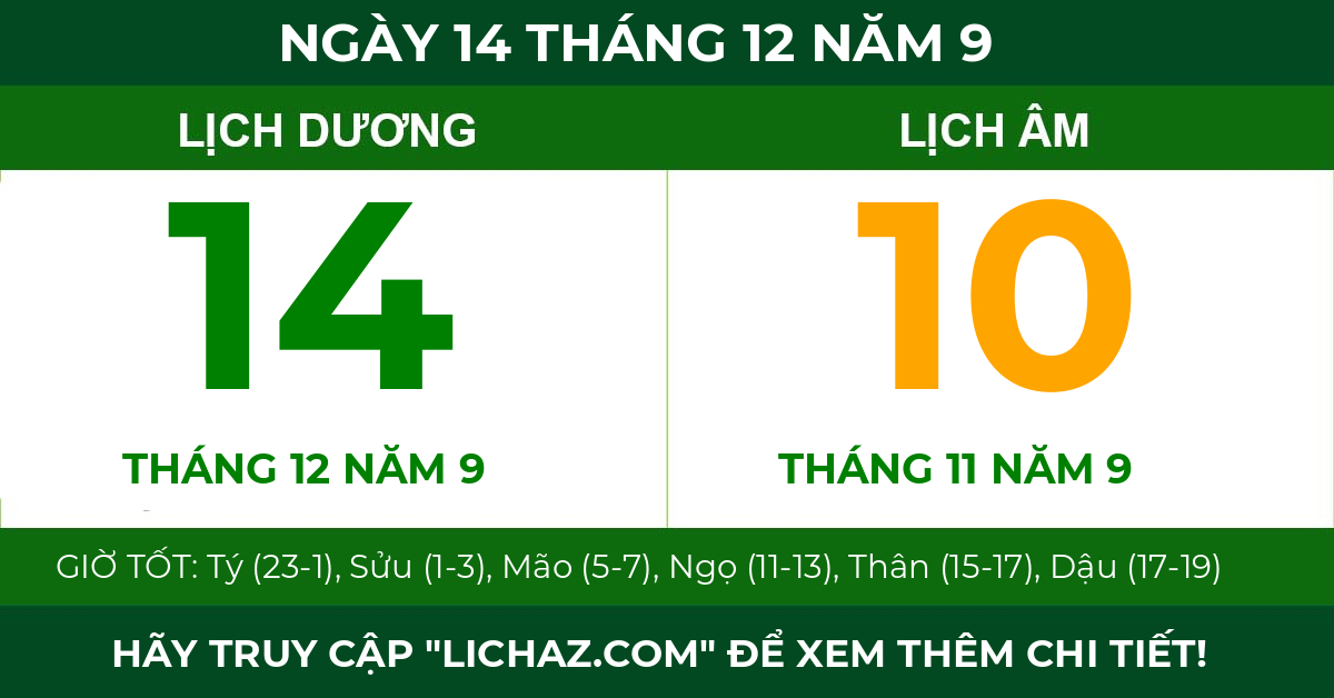 lịch âm ngày 14 tháng 12 năm 9
