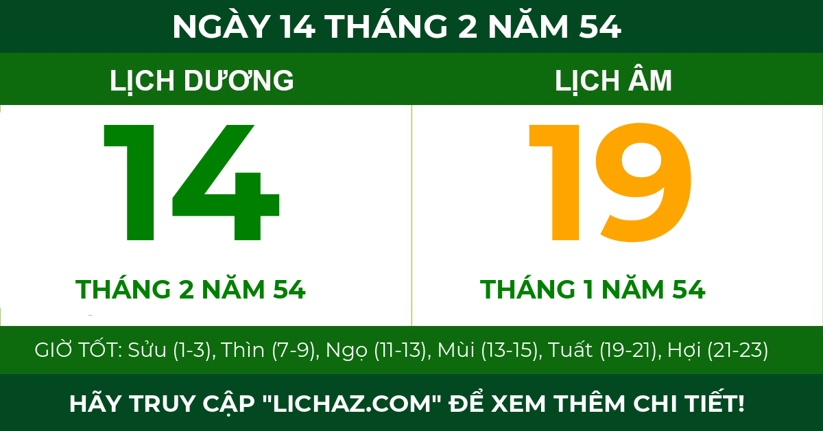 lịch âm ngày 14 tháng 2 năm 54