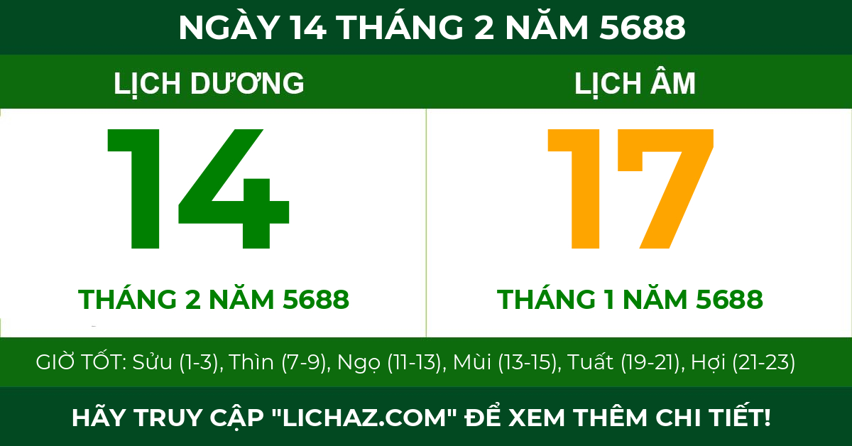 lịch âm ngày 14 tháng 2 năm 5688