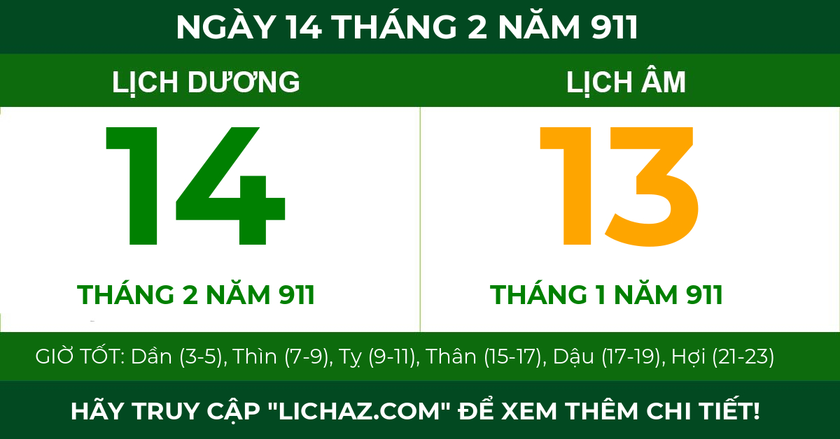lịch âm ngày 14 tháng 2 năm 911