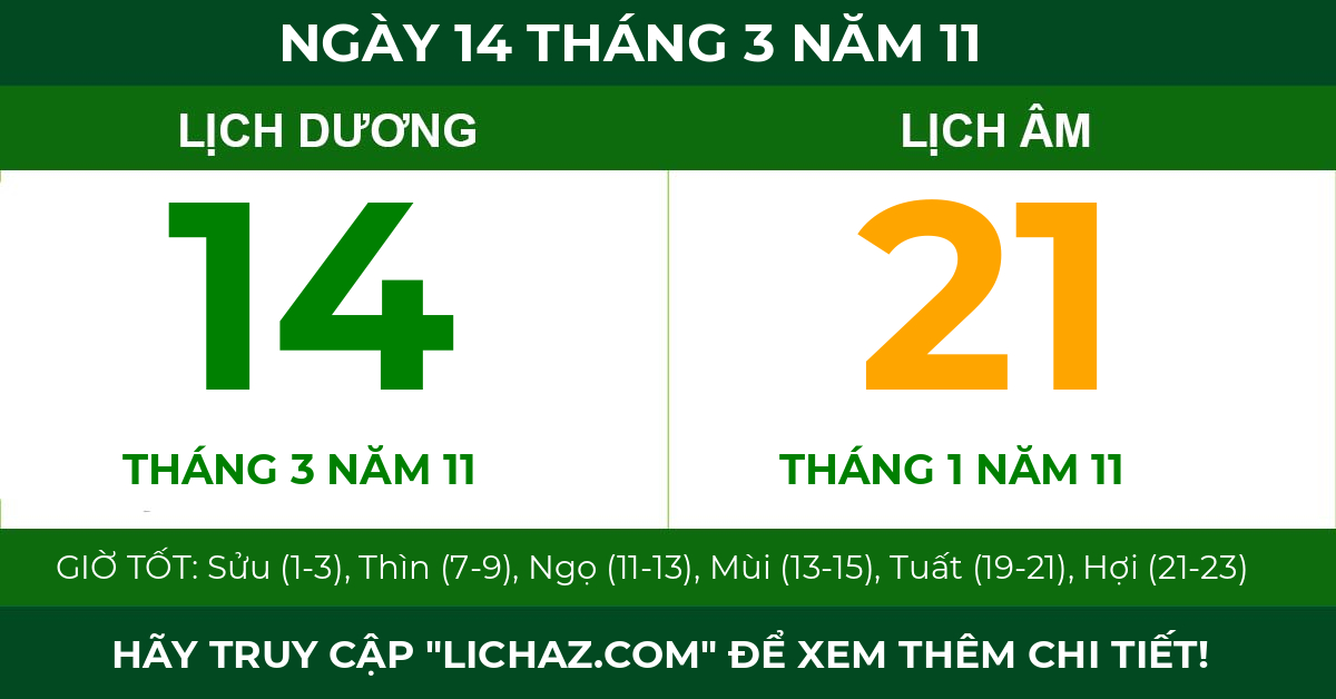 lịch âm ngày 14 tháng 3 năm 11
