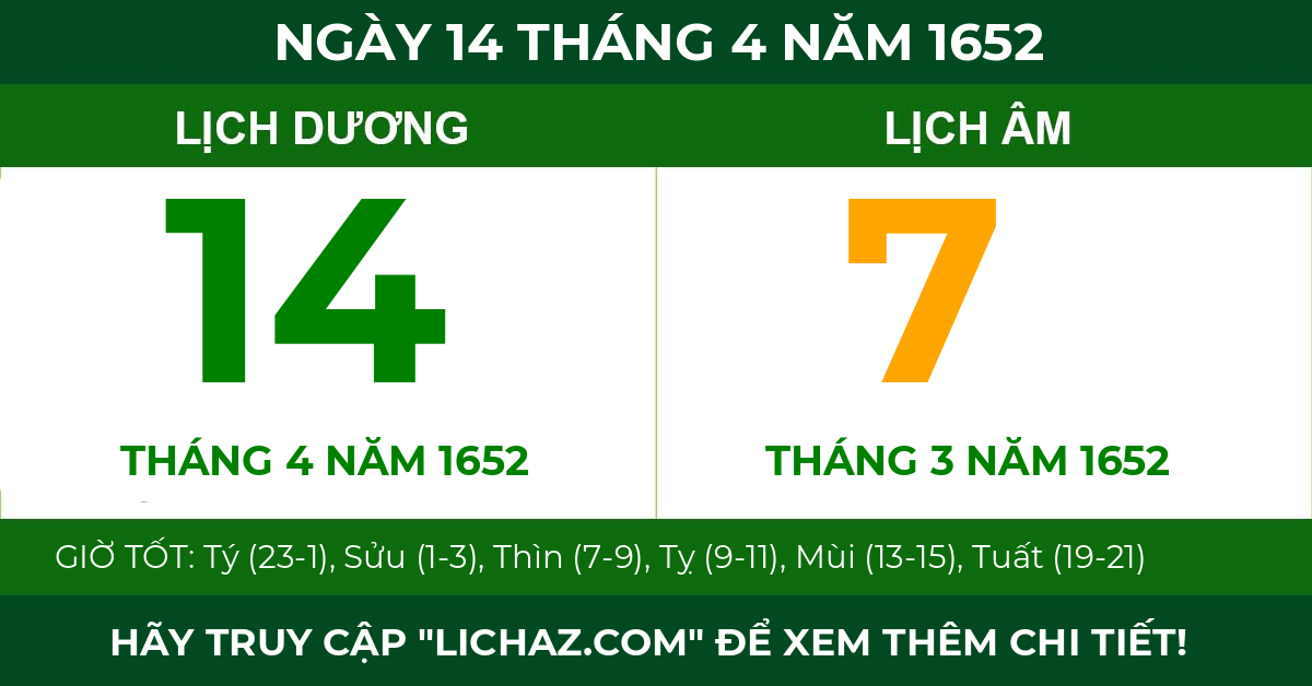 lịch âm ngày 14 tháng 4 năm 1652