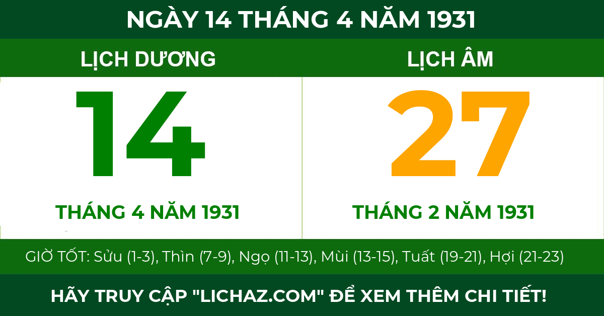 lịch âm ngày 14 tháng 4 năm 1931