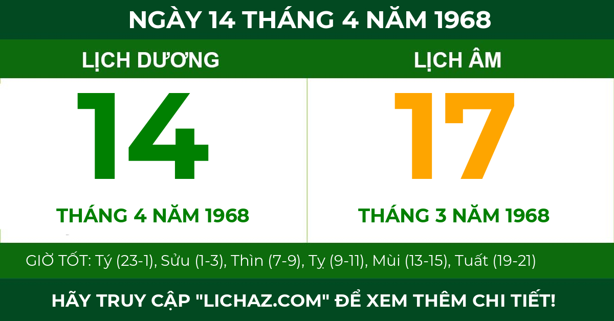 lịch âm ngày 14 tháng 4 năm 1968