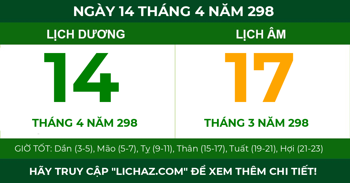 lịch âm ngày 14 tháng 4 năm 298