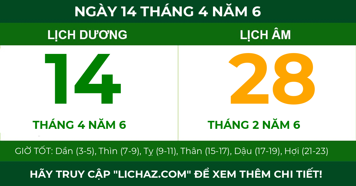 lịch âm ngày 14 tháng 4 năm 6