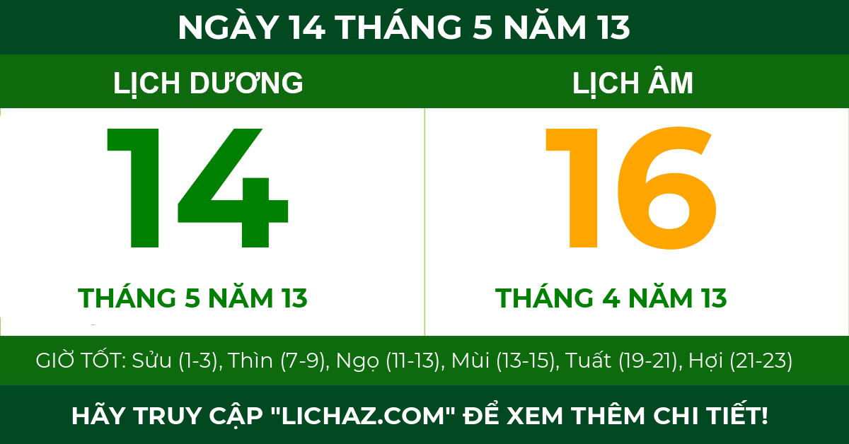 lịch âm ngày 14 tháng 5 năm 13