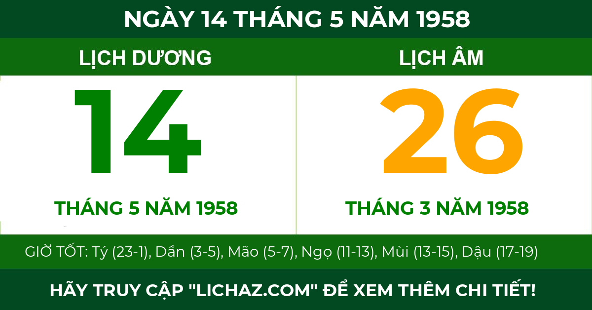 lịch âm ngày 14 tháng 5 năm 1958