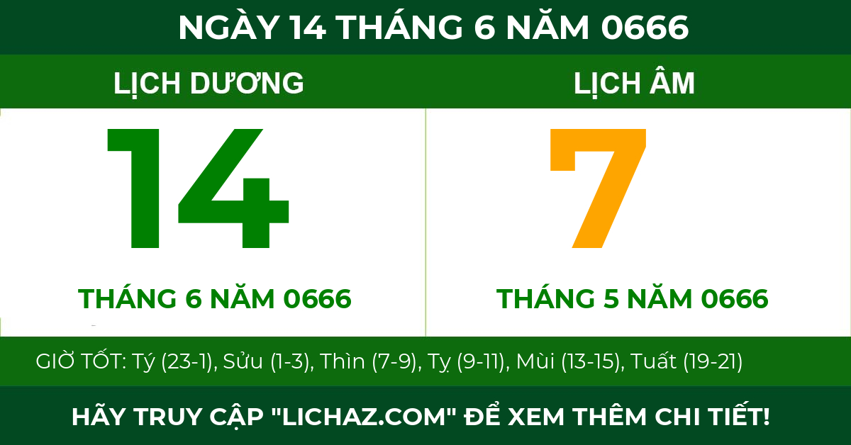 lịch âm ngày 14 tháng 6 năm 0666