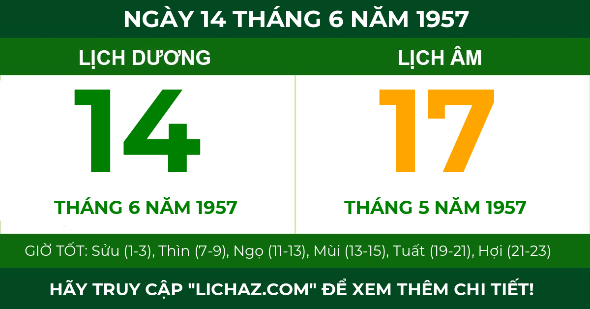 lịch âm ngày 14 tháng 6 năm 1957