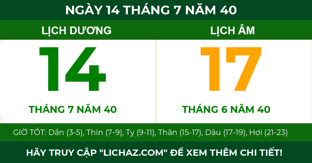 lịch âm ngày 14 tháng 7 năm 40
