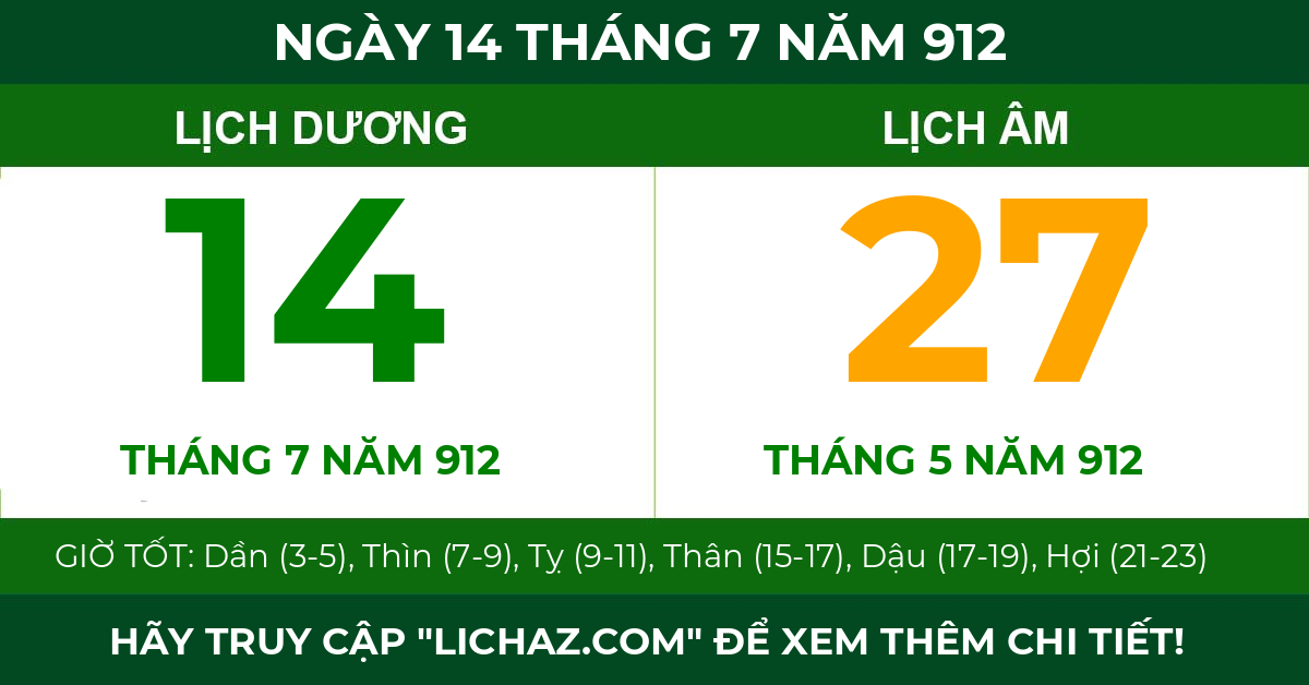 lịch âm ngày 14 tháng 7 năm 912