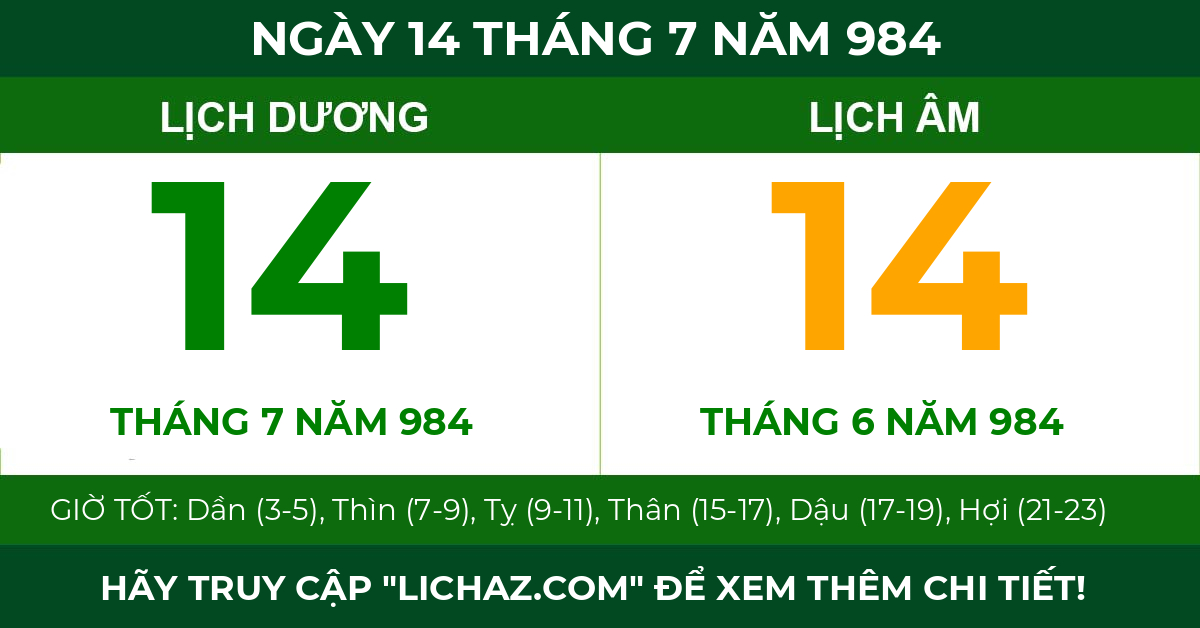 lịch âm ngày 14 tháng 7 năm 984