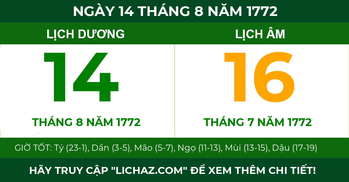 lịch âm ngày 14 tháng 8 năm 1772