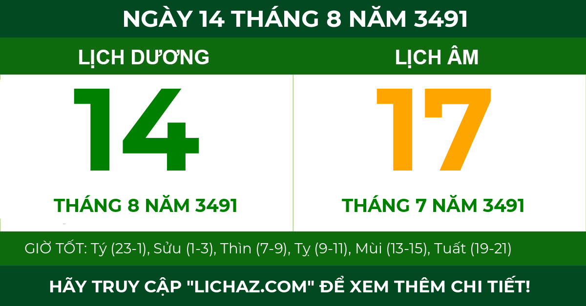 lịch âm ngày 14 tháng 8 năm 3491