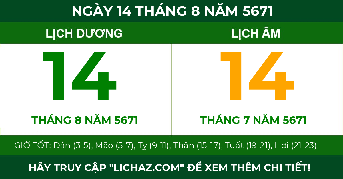 lịch âm ngày 14 tháng 8 năm 5671